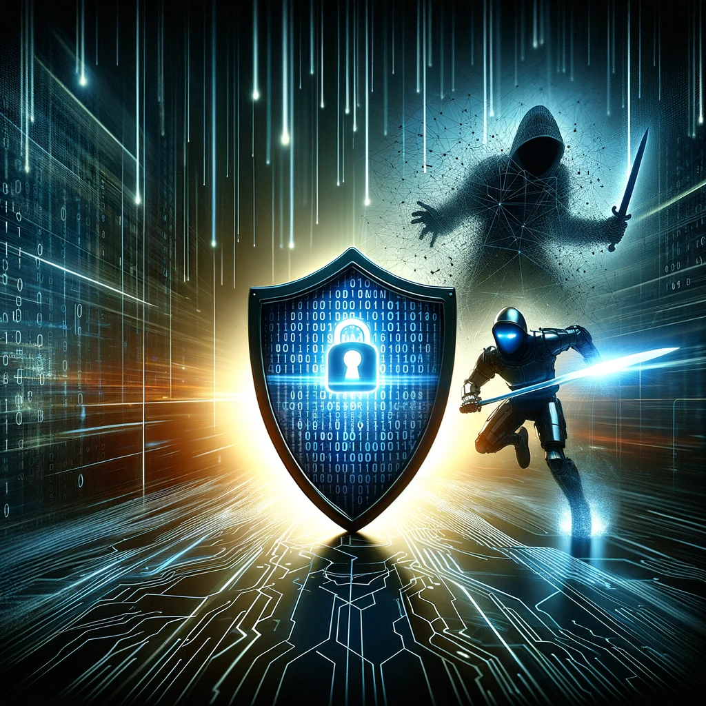 A digital shield with binary code repelling a cyber threat figure in a vibrant digital landscape.
