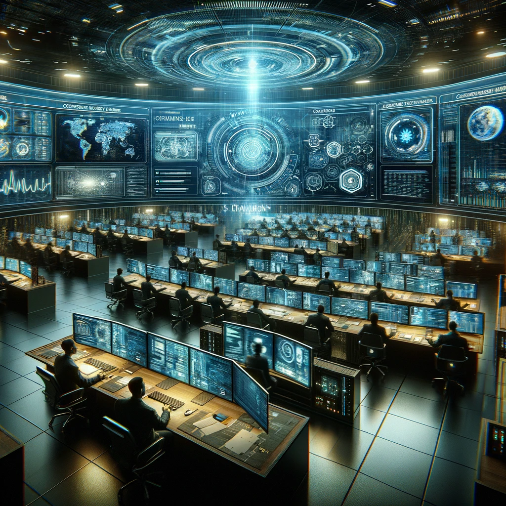 Futuristic cybersecurity command center with professionals monitoring digital screens for cyber threats in 2024.