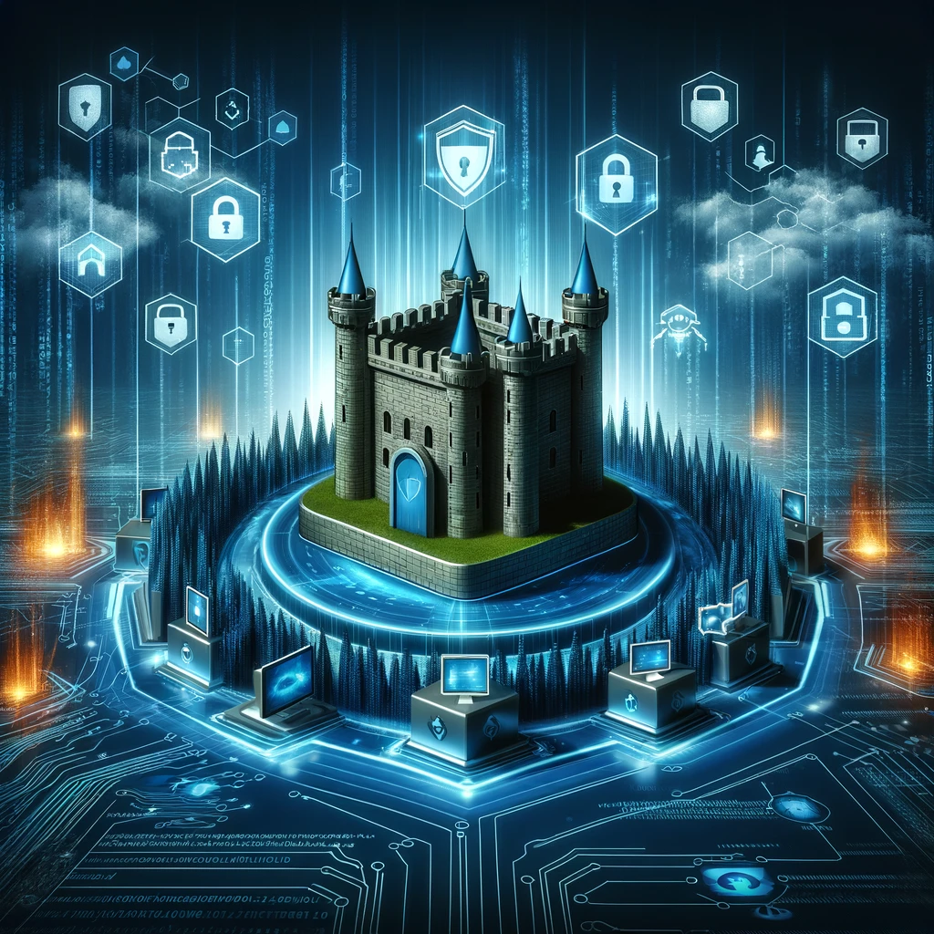 Digital fortress secured by multiple cybersecurity layers against a backdrop of cyber threats.
