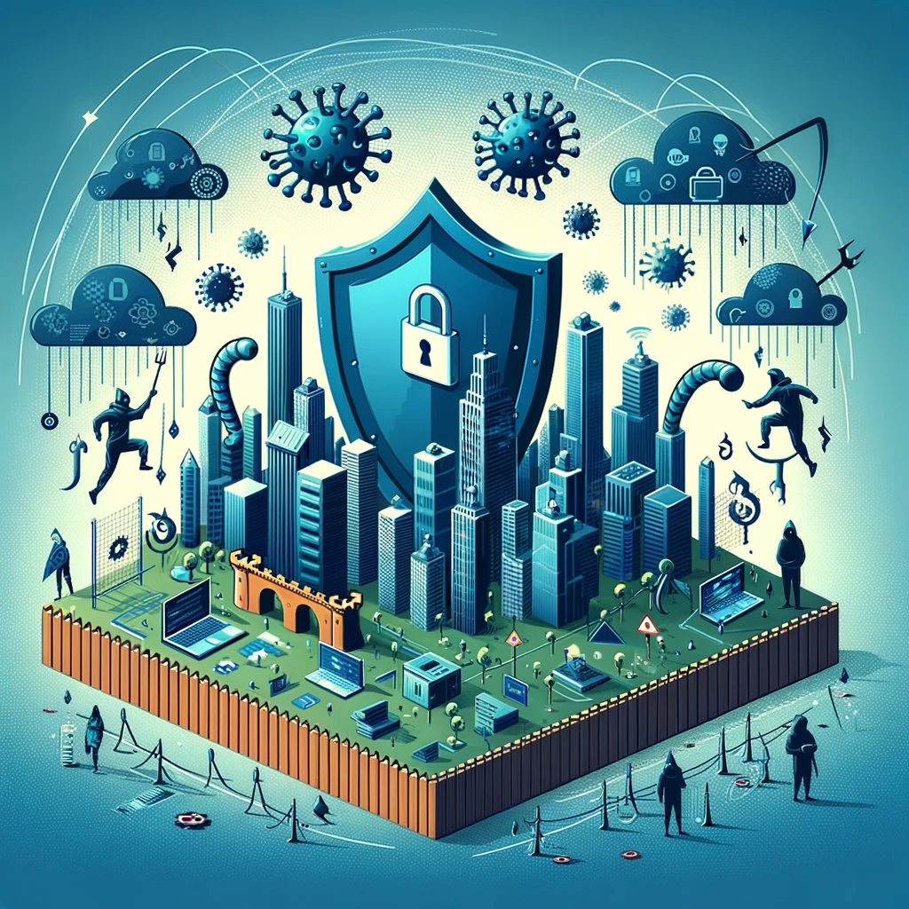 Digital city with protective barriers and a shield deflecting cyber threats, symbolizing cyber resilience.