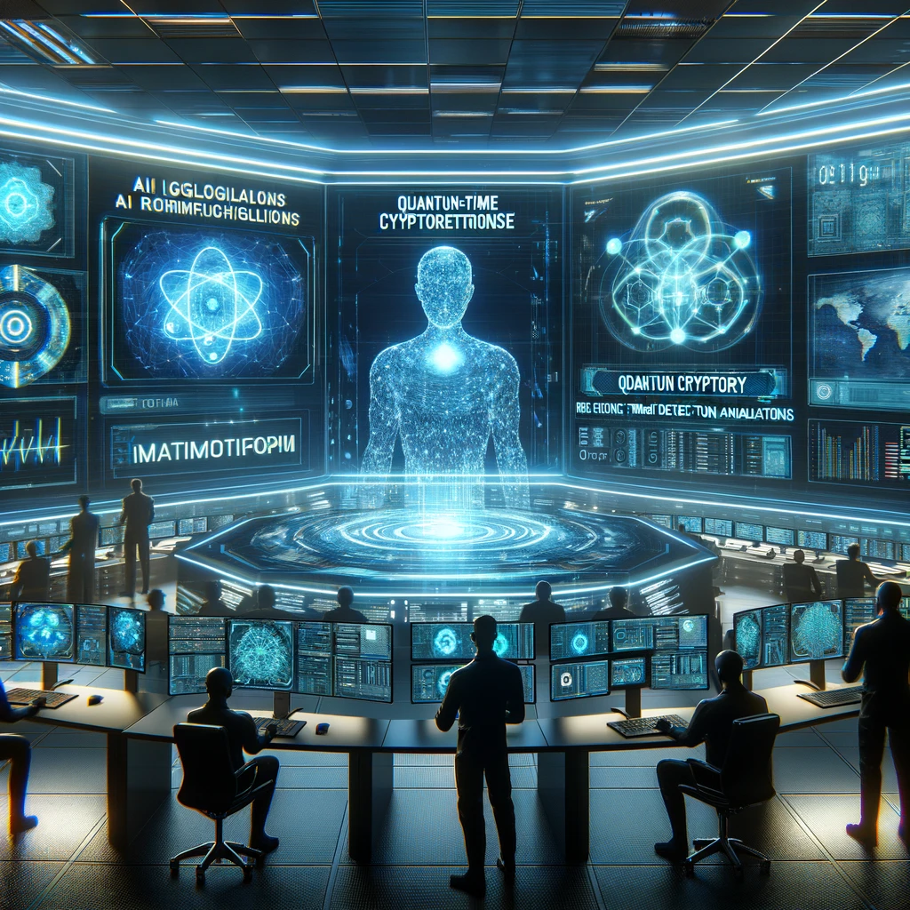Futuristic command center with holographic displays of AI algorithms and quantum cryptography for cyber defense.