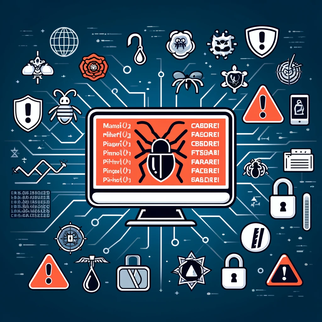 Illustration of cyber threats like malware, phishing, and ransomware with icons and a computer screen showing security alerts, set against a background of interconnected lines.