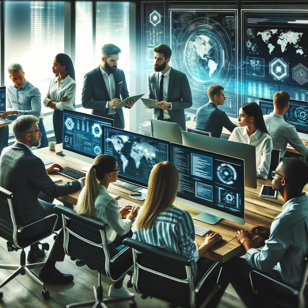 Diverse group of cybersecurity professionals in a high-tech office, analyzing data on computer screens and collaborating on security strategies.