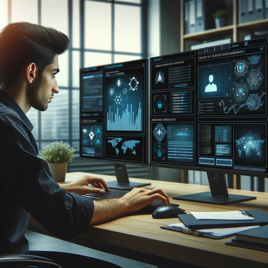 Individual focused on analyzing cybersecurity data on multiple computer screens in a high-tech office setting.