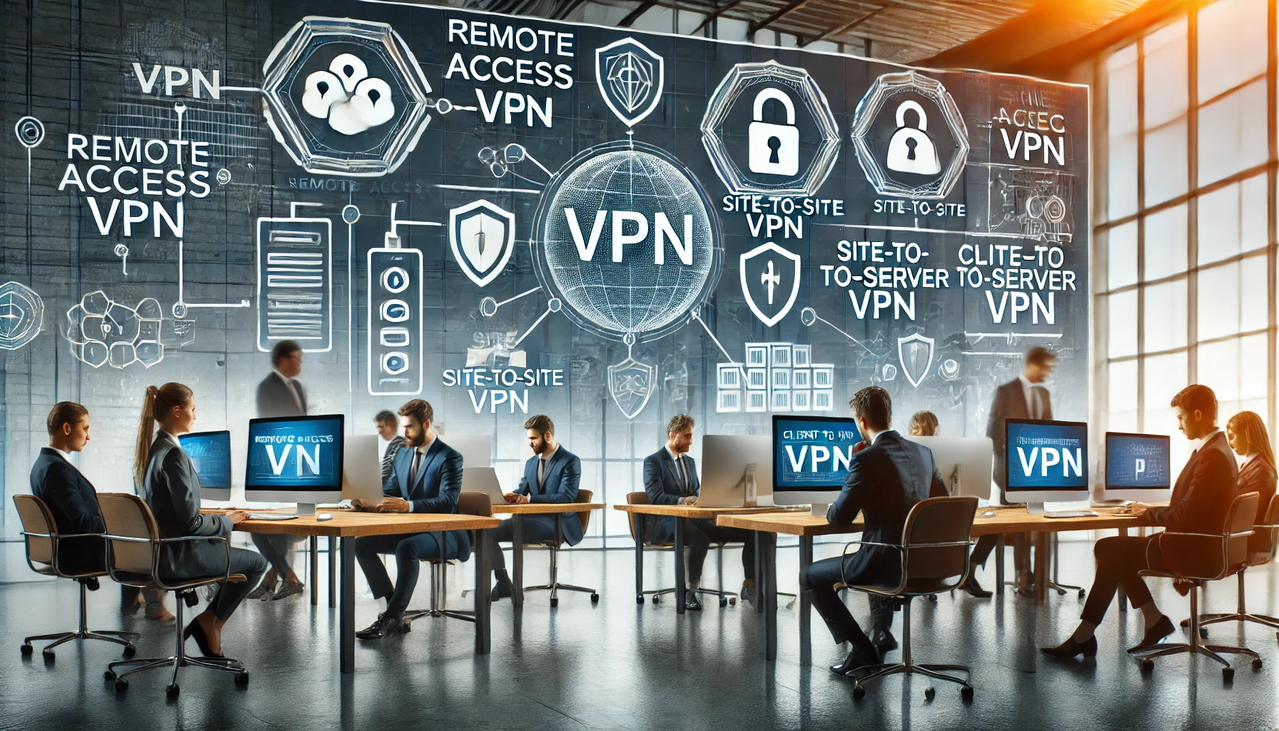 "Employees in a business office setting working on computers with a large screen displaying various VPN configurations like Remote Access VPN, Site-to-Site VPN, and Client-to-Server VPN."