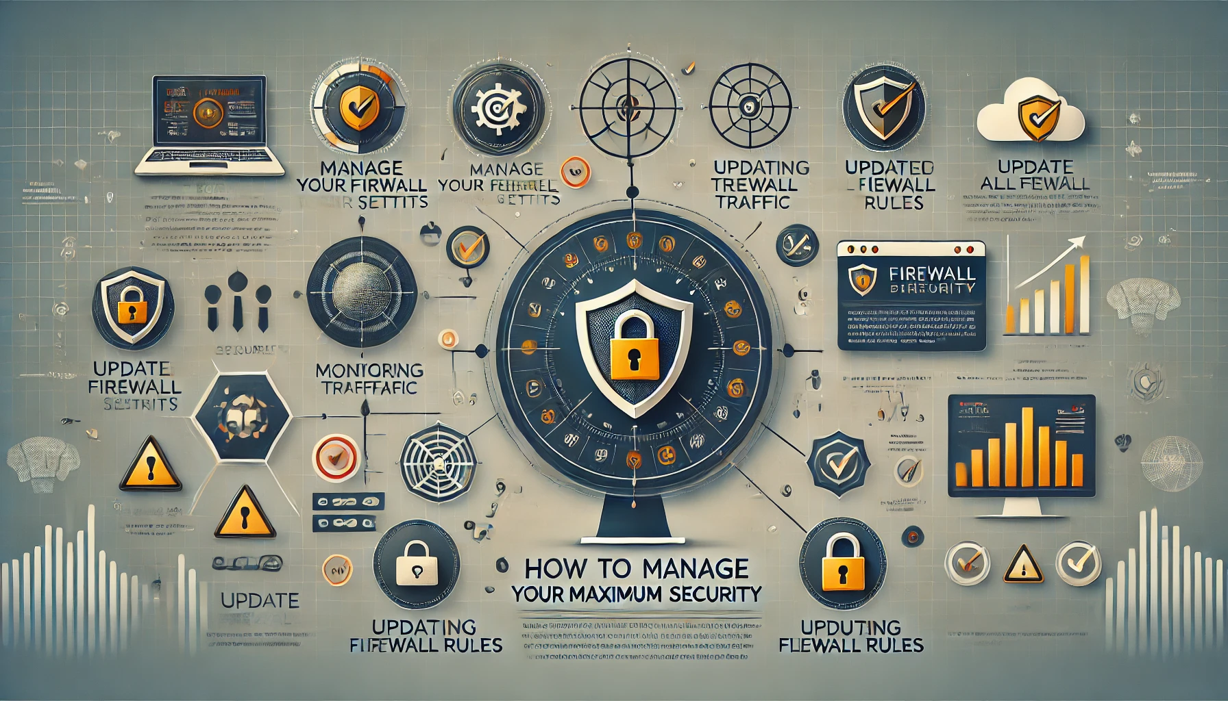 "Infographic on How to Manage Your Firewall for Maximum Security with icons of a computer screen, shield, lock, checkmark, and alert symbol, showing steps for managing firewall settings, monitoring traffic, and updating rules."